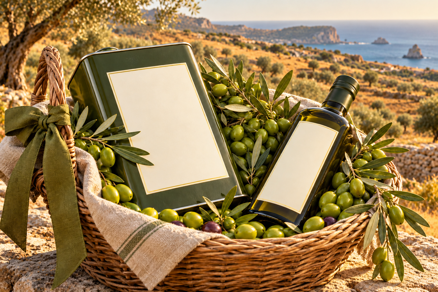 KI-generiertes Anschauungsbild: LandOpa-Olivenölflasche und Kanister liegen gemeinsam als Geschenk in einem Korb mit Oliven.